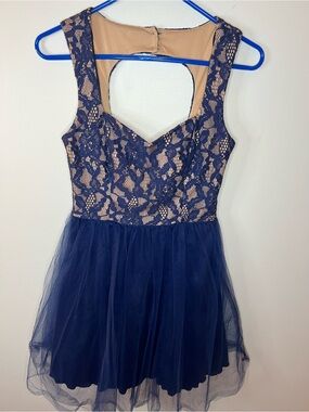 City Triangles Navy Lace & Nude Lined Tulle Party or Prom Dress